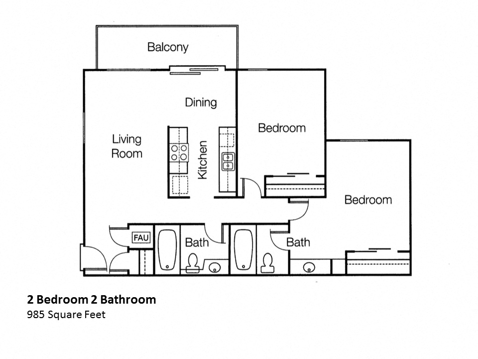 Floor plan for 2 beds, 2 baths, 985 sqft